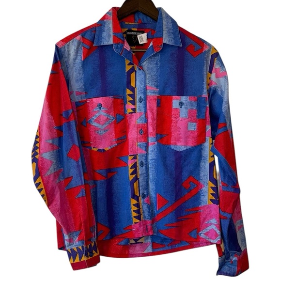 Vintage Frontier Series 90s Blue Pink Aztec Western Cowgirl Button Shirt Sz S - Picture 2 of 10